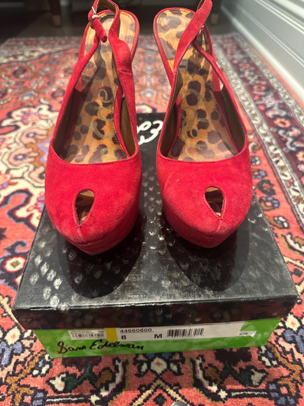 Sam Edelman Red Suede Peep-Toe Slingback Heels with Leopard Insole